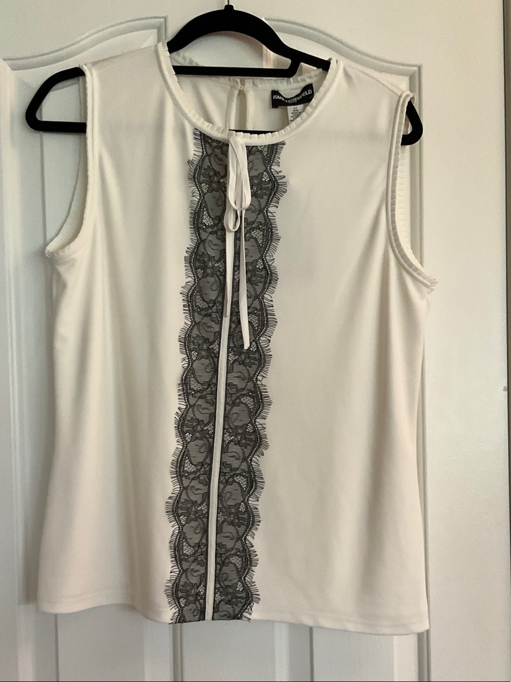 Karl Lagerfeld Alabaster Sleeveless Top with Black Lace Front Tie